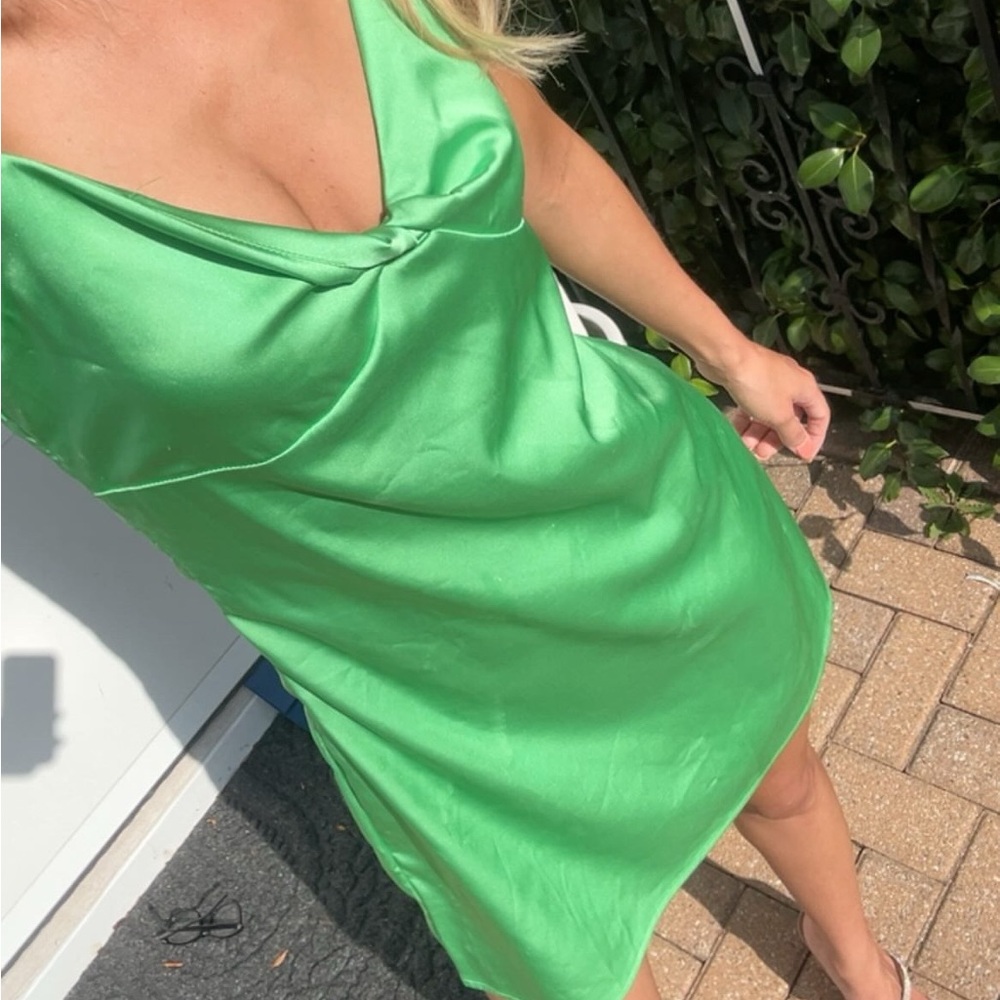 Graffiti Green Satin Midi Dress